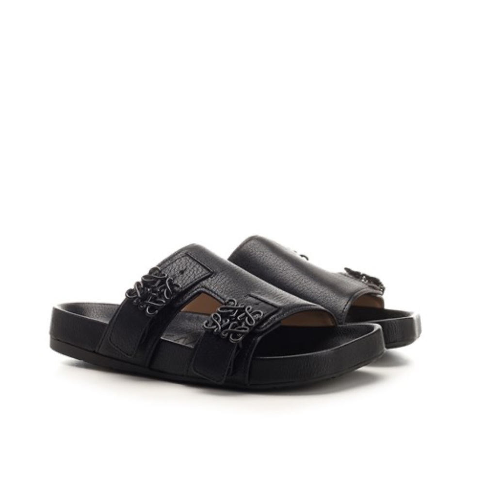 Loewe Black Leather Slide Sandals with Anagram Detail / 39
